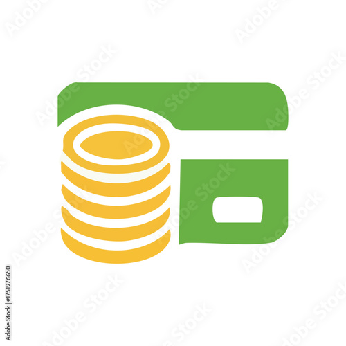 (Monetary Value and Plastic Account. A simple illustration featuring golden coin stacks and a green transaction device, symbolizing economic activity.)