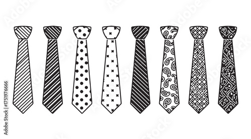 Variety of hand-drawn neckties showing different patterns and textures for fashion accessories vector