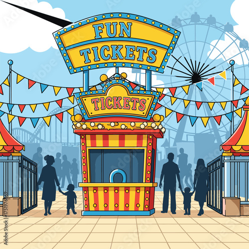 Fun Tickets Booth, Family Carnival Entrance, and Amusement Park Fair Vector