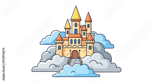 Enchanting castle floating among serene clouds captures dreamlike whimsical architectural beauty