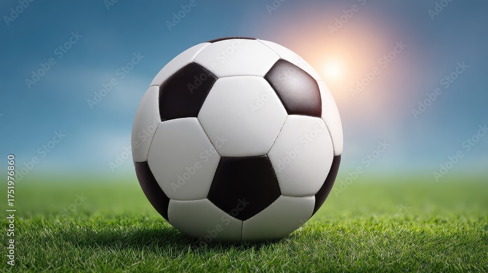 Fototapeta premium High-Quality Soccer Ball on Lush Green Grass with a Bright Sun in the Background, Perfect for Sports-Themed Projects and Athletic Promotions
