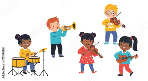Colorful cartoon children playing diverse musical instruments with joy and enthusiasm
