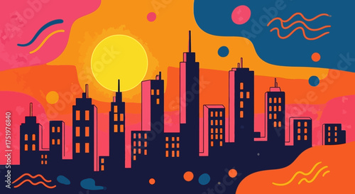 Vibrant stylized city illustration with playful sunset colors and dynamic shapes design