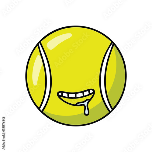 (Excited Tennis Ball Drooling. A whimsical illustration of a tennis sphere with an open mouth and saliva dripping. It conveys intense longing, craving, or eagerness for activity.)