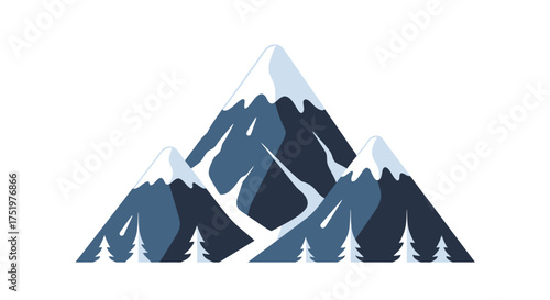 Stylized mountain landscape illustration with snowy peaks and sparse tree silhouettes