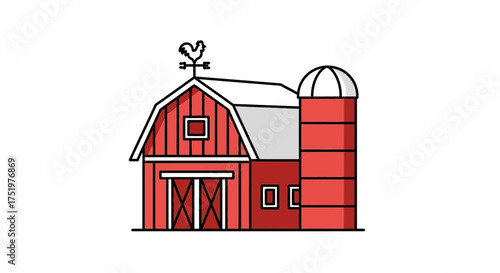 Red barn illustration with classic weathervane and silo conveying a simple farming theme image