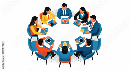 Engaged team participates in strategic planning around a circular conference table contributing