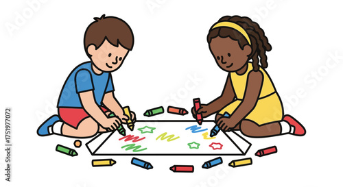 Diverse children joyfully creating art together using vibrant crayons on a large paper surface