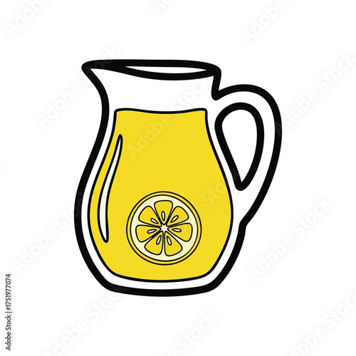 (Refreshing Lemonade Pitcher Art. Vibrant illustration of a jug brimming with zesty citrus drink and a fruit slice, symbolizing summer's cool, invigorating refreshment.)