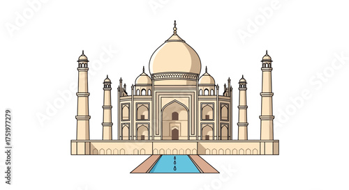 Majestic Taj Mahal Illustration with Detailed Architecture and Serene Water Features