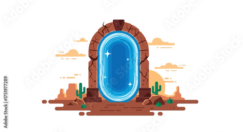 Mystical gateway in desert landscape beckons travel and adventure beyond dimensions stone archway
