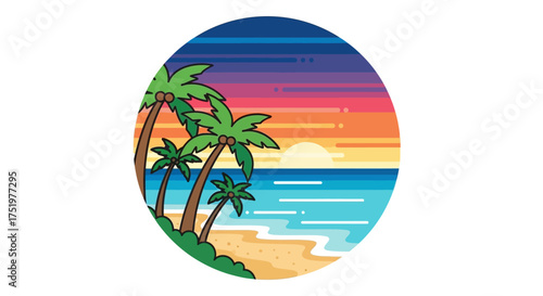 Tropical beach sunset scene with palm trees in circular design showcasing summer paradise serenity