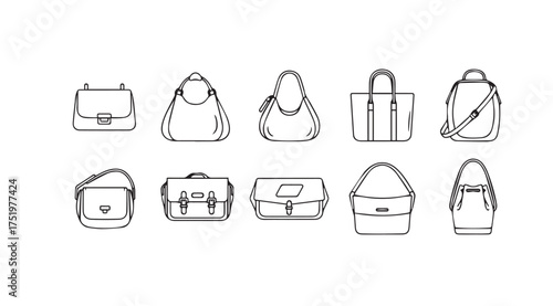 Collection of hand-drawn sketches of various fashionable handbags and purses for style and design vector