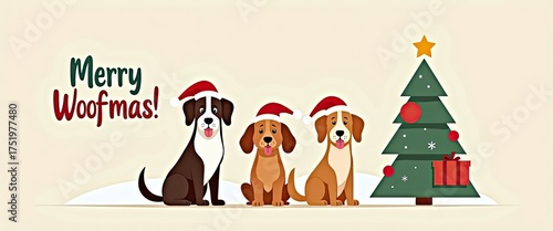 Three cute dogs wearing santa hats sit in the snow next to a decorated christmas tree with a gift underneath, wishing a merry woofmas