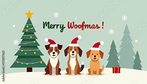 Three cute dogs wearing santa hats sit in front of a decorated christmas tree with the text merry woofmas and snowflakes falling, evoking a festive and joyful holiday spirit