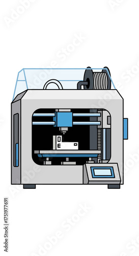 Detailed 3D printer illustration showcasing additive manufacturing technology and design process