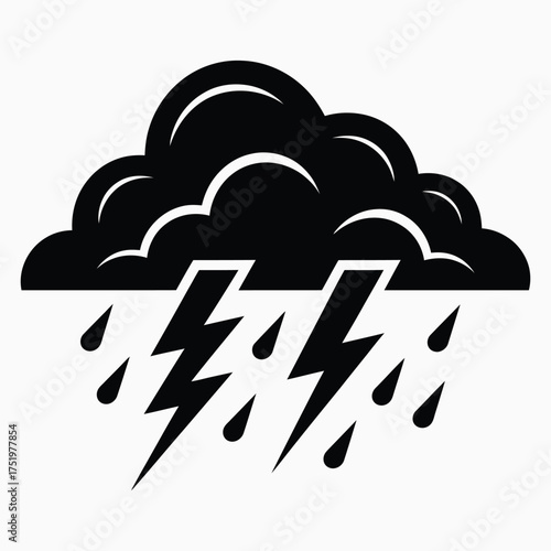 Dark storm cloud raining with a lightning bolt symbol weather icon graphic