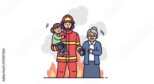 Brave firefighter rescuing a child and helping a worried grandmother from a house fire with smoke
