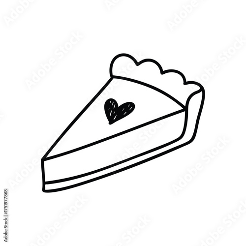 (Sweet Pie Slice with Heart Doodle. A simple outline illustration of a dessert wedge adorned with a loving emblem. Represents homemade warmth, affection, and delicious treats.)