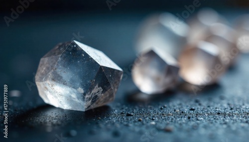 Candlelight and Crystals for Mystical Ritual A close up of several smooth, natural crystals arranged on a dark, textured surface. Warm, soft candlelight casts a gentle glow, creating a mystical