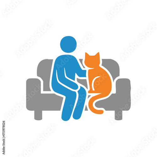 (Human and Feline Companion. A stylized icon shows an individual enjoying tranquil moments with their cherished domestic animal on a sofa. Represents comfort and strong bond.)