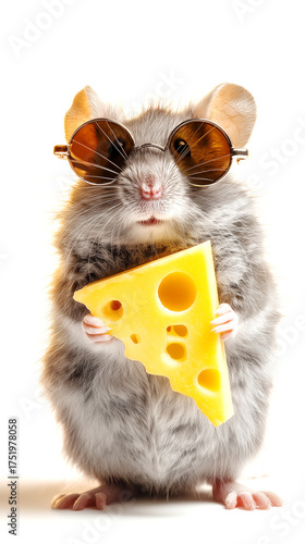 A mouse wearing sunglasses with a piece of cheese. 