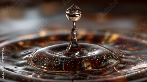 A droplet of a dark beverage creating a ripple, backlit with golden light.