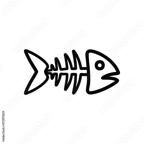 (Fish Skeleton Outline Icon. This stark graphic depicts the bony remains of an aquatic creature, symbolizing completion, consumption, or environmental depletion.)