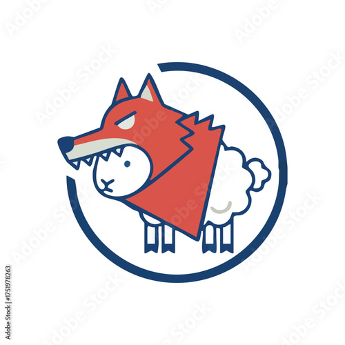 (Deceptive Disguise Icon. This graphic portrays a sheep cloaked in a predatory canid's head, representing treachery, insincerity, and concealed threats. Ideal for concepts of duplicity.)