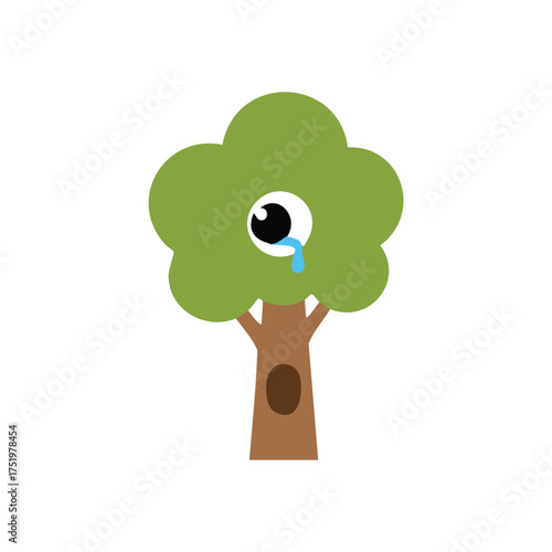(Crying Cartoon Tree Illustration. This simple graphic portrays a sorrowful plant shedding a tear, symbolizing natural distress. A poignant representation of ecological hardship or empathy.)