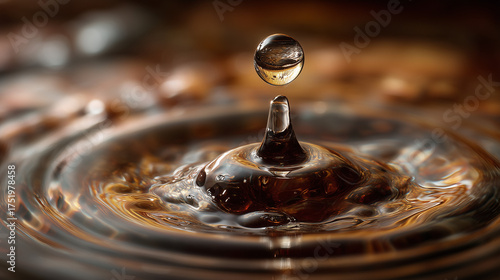 A droplet of a dark beverage creating a ripple, backlit with golden light.