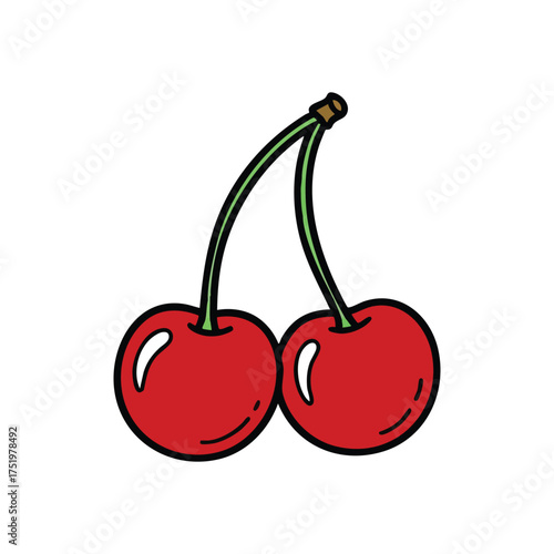 (Bright Sweet Cherries Illustration. This lively graphic depicts two delectable ruby fruits. It evokes warmth, sunshine, and a delightful wholesome treat, perfect for designs.)