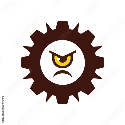 (Angry Mechanical Problem Icon. This vector graphic depicts a disgruntled cog, signifying system malfunction, industrial troubles, or operational frustration. Represents complex challenges.)