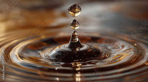 A droplet of a dark beverage creating a ripple, backlit with golden light.