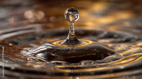A droplet of a dark beverage creating a ripple, backlit with golden light.