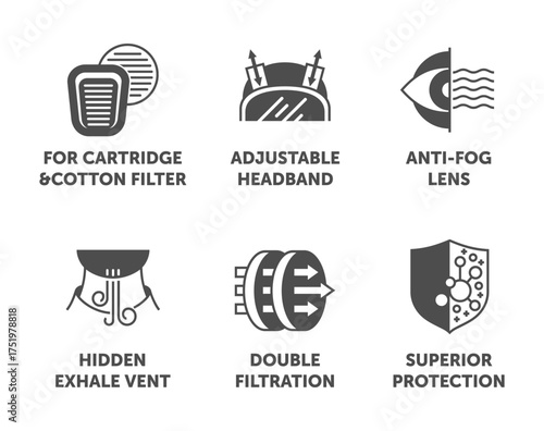 Full Face Respiration Gas Mask icons, monochrome