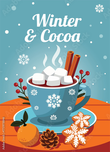A cup of hot cocoa with marshmallows, cookies, cinnamon, pine cones on a wintery blue background. A cozy, festive mood. Perfect for Christmas, New Year's cards, posters, seasonal decor, social media