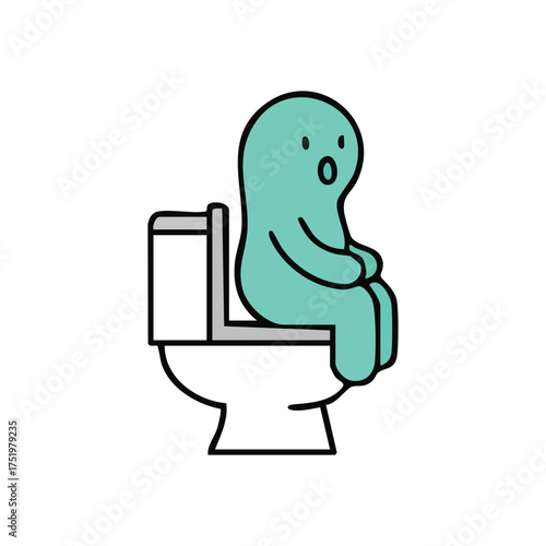 (Cute Animated Character On Lavatory. A whimsical illustration portrays a teal blob seated on a commode. It evokes feelings of contemplation, urgency, or a private moment.)