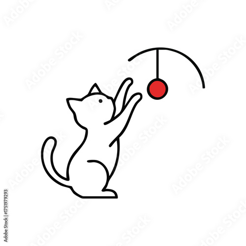 (Playful Feline Reaching for Toy Ball. A captivating graphic of a pouncing domestic animal interacting with a scarlet orb. Represents innocent amusement, feline grace, and merry moments.)