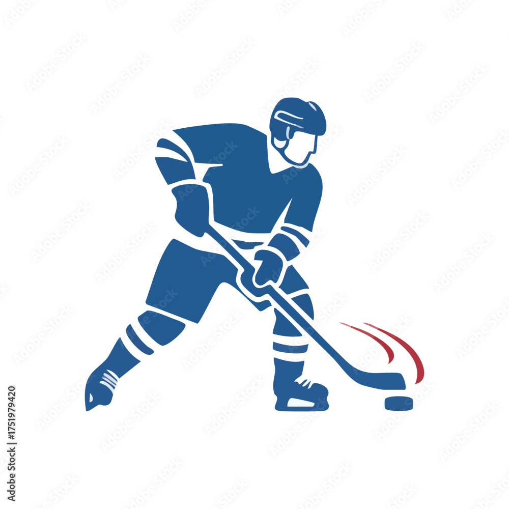 Obraz premium (Dynamic Ice Hockey Player Action. An individual expertly handles the puck during an intense frozen game. This athletic depiction symbolizes power, speed, and competitive vigor.)