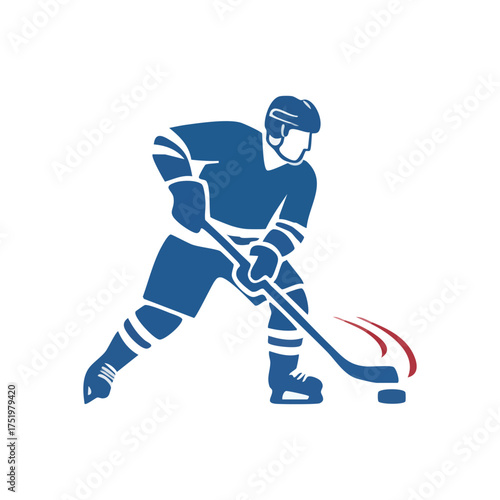 (Dynamic Ice Hockey Player Action. An individual expertly handles the puck during an intense frozen game. This athletic depiction symbolizes power, speed, and competitive vigor.)