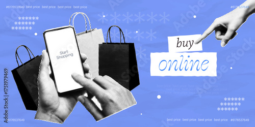 Halftone pop art collage of online shopping with smartphone, hands, shopping bags, buy online text and best price concept on blue background