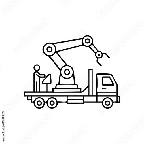 (Robotic Arm Truck with Operator. Outline illustration of automated lifting equipment on a vehicle. Represents modern logistics, construction, and advanced industrial operations.)