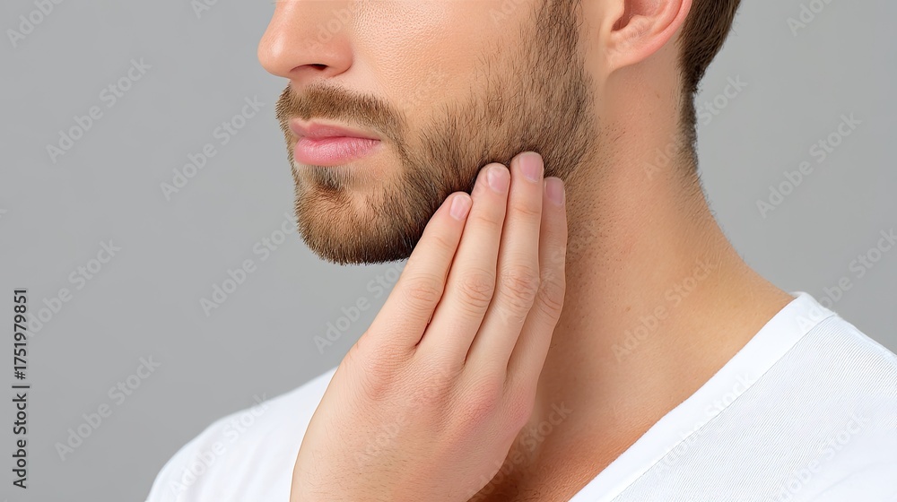 Fototapeta premium Man Touching Face with Well-Groomed Beard in Soft Light Against Neutral Background