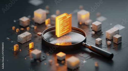 Magnifying Glass Focuses on Glowing Digital Data Files Amidst Abstract Cubes