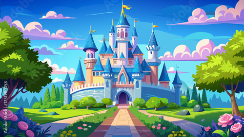 
Very beautiful Cinderella-style castle in a magical amusement park in Orlando, Florida, surrounded by lush gardens under a clear blue sky.