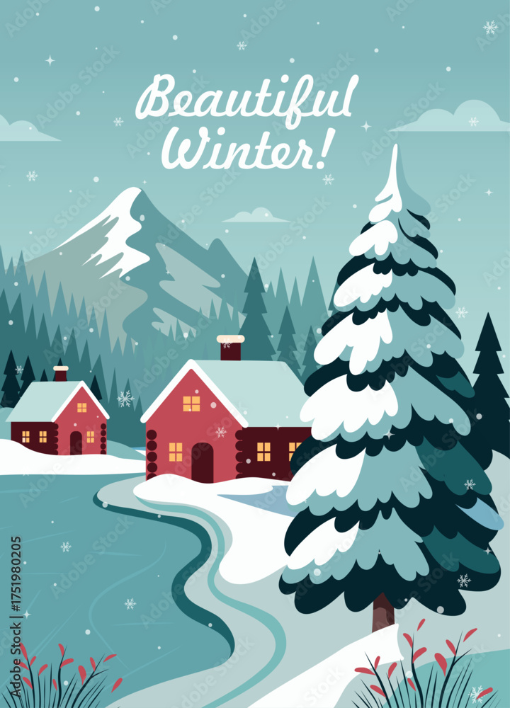 Fototapeta premium Winter vector illustration featuring a cozy cottage on the shore of a frozen lake, a snow-covered forest, a mountain view. For Christmas, New Year's cards, backgrounds, holiday designs, social media