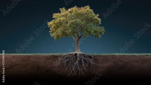 Majestic tree with vibrant green leaves stands tall above ground, showcasing intricate root structure in rich soil, symbolizing strength, growth, and natural beauty.