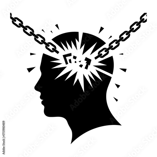 silhouette of human head breaking metal chains symbolizing freedom liberation and mental strength concept