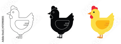 Chicken Bird Illustration Set — Outline, Silhouette, and Flat Color Farm Animal Vector for Poultry and Agriculture Design